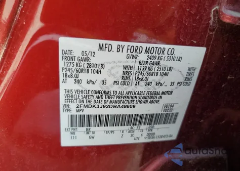 2013 Ford Edge Sel from USA, damaged, VIN 2FMDK3J92DBA48609